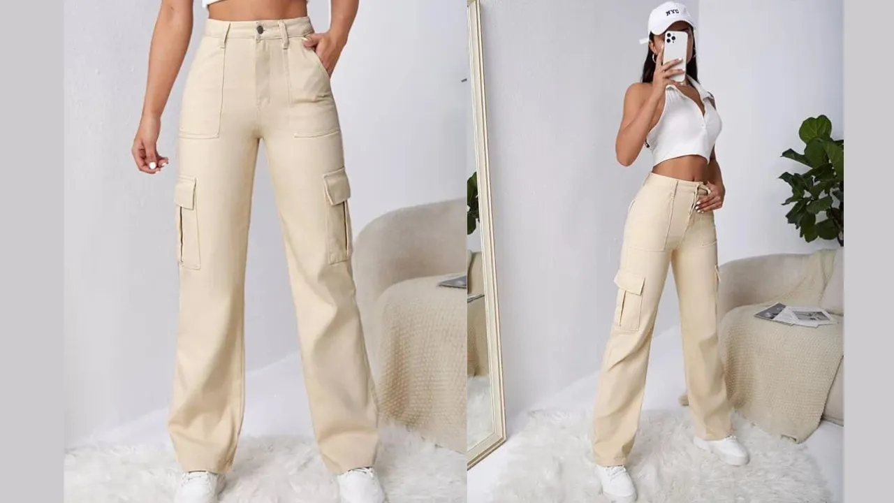 KATECLO Women Beautiful & Comfortable Non Strachable Casual High-Waisted Cargo Jeans