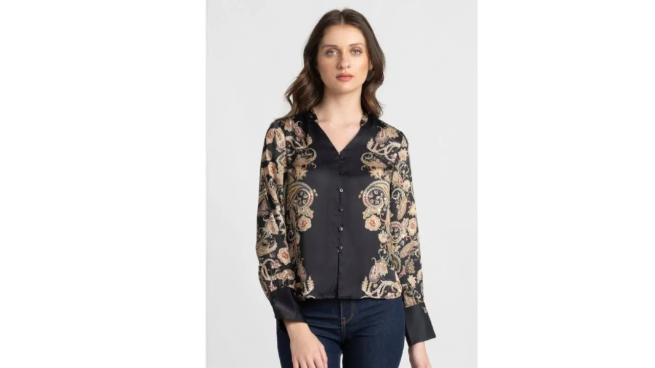 Black And Gold High Collar Floral Shirt