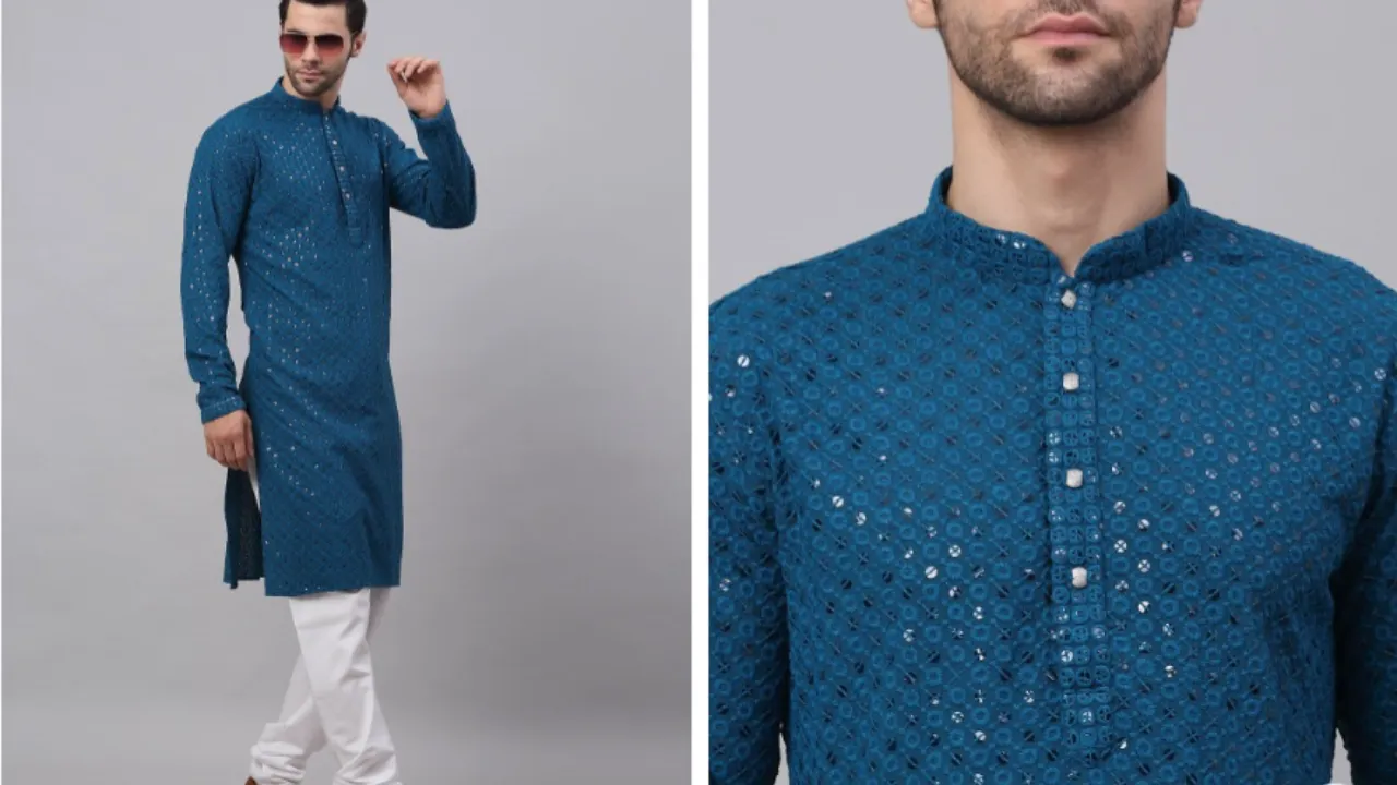 Jompers Men Ethnic Motifs Embroidered Pure Cotton Kurta with Churidar