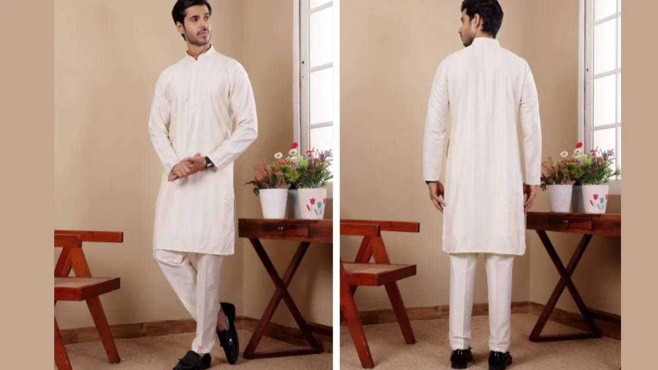 Rawayi Striped Mandarin Collar Zari Straight Kurta