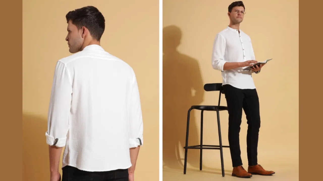 HERE&NOW White Band Collar Long Sleeves Short Kurta