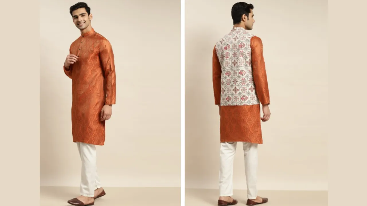 SOJANYA Men Orange Ethnic Motifs Kurta with Churidar & Nehru Jacket