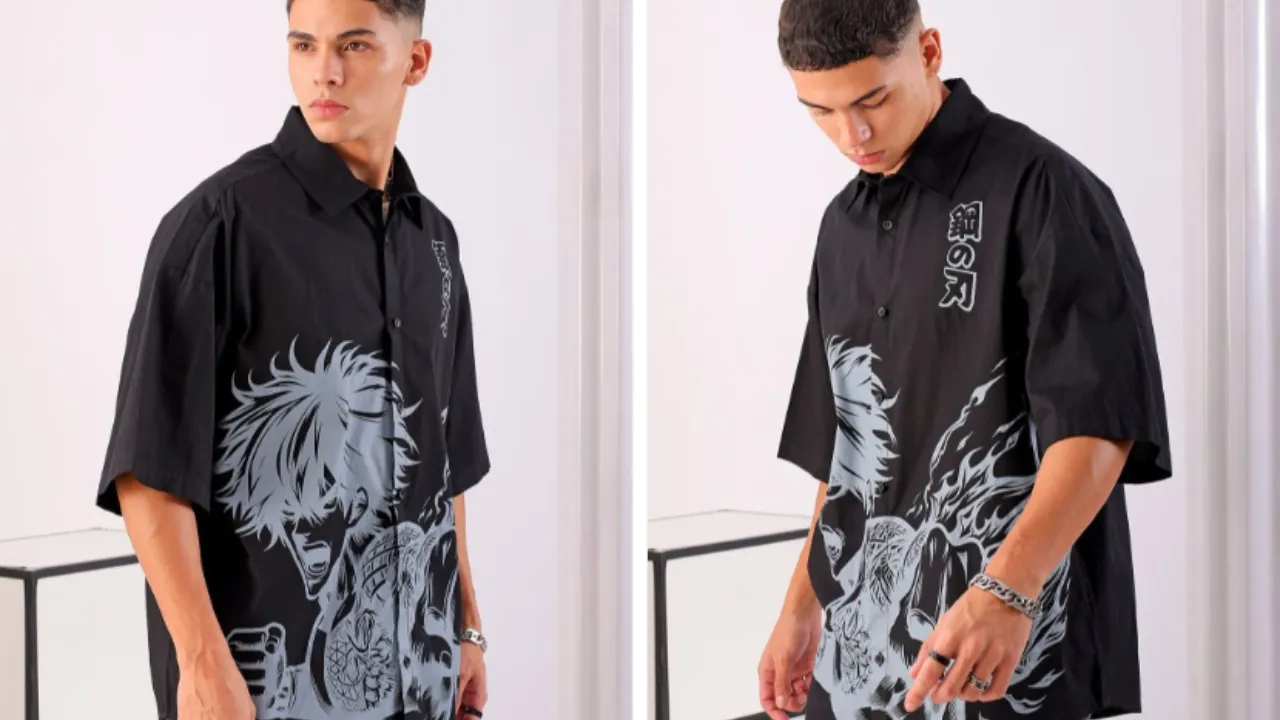 The Indian Garage Co Men Anime Printed Cotton Oversized Boxy Streetwear Shirt