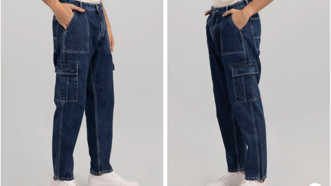 Snitch Men Blue Wide Leg Stretchable Cotton Cargo Jeans