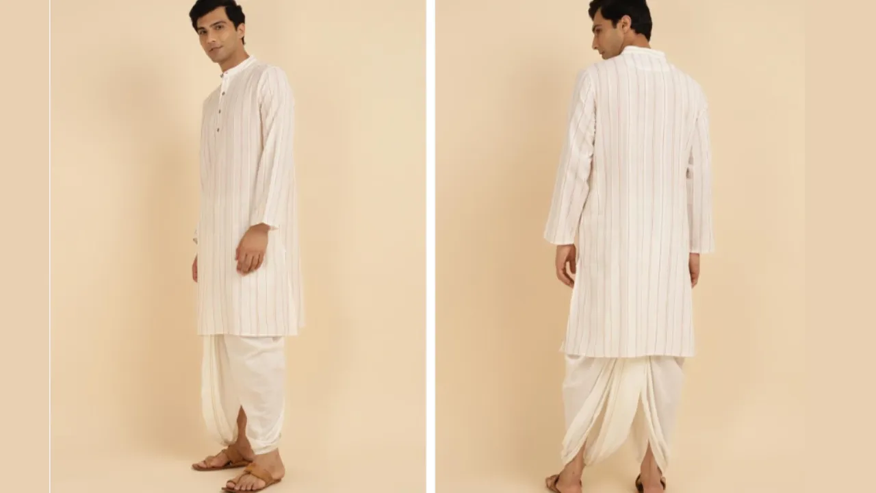 Fabindia Striped Band Collar Cotton Straight Kurt