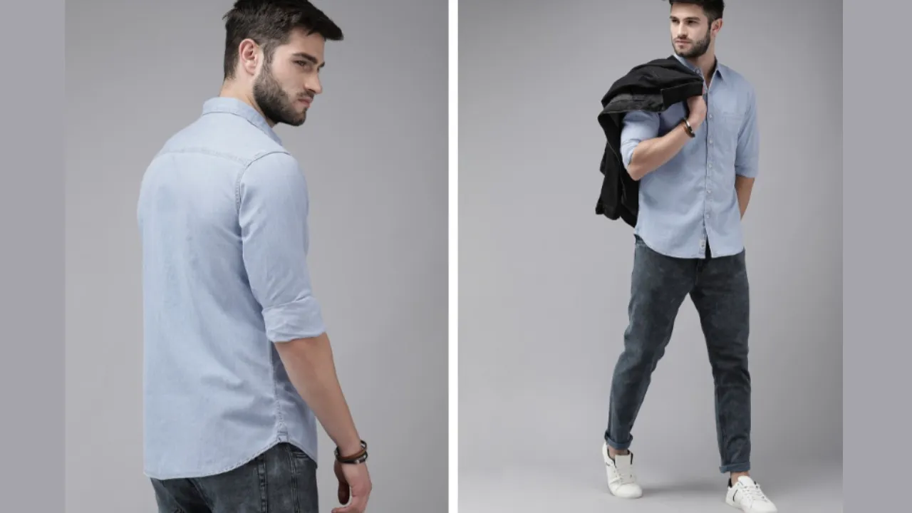 Roadster The Lifestyle Co Men Light Blue Solid Regular Fit Chambray Casual Shirt
