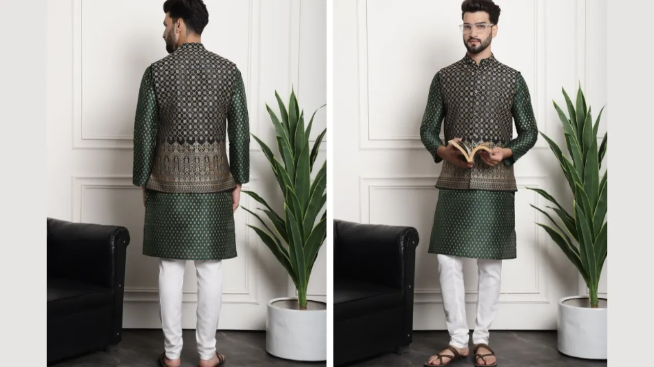 SOJANYA Ethnic Motifs Printed Silk Cotton Kurta & Churidar With Nehru Jacket