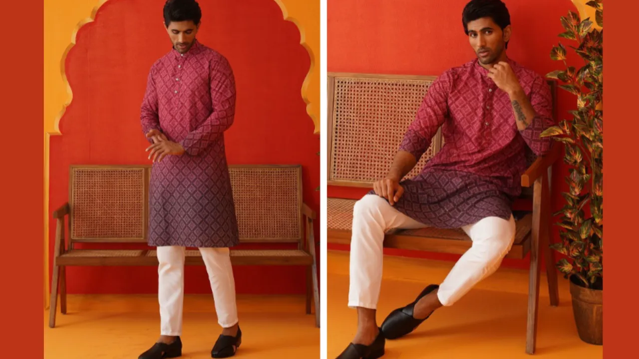 ompers Men Floral Printed Regular Sequinned Kurta with Pyjamas