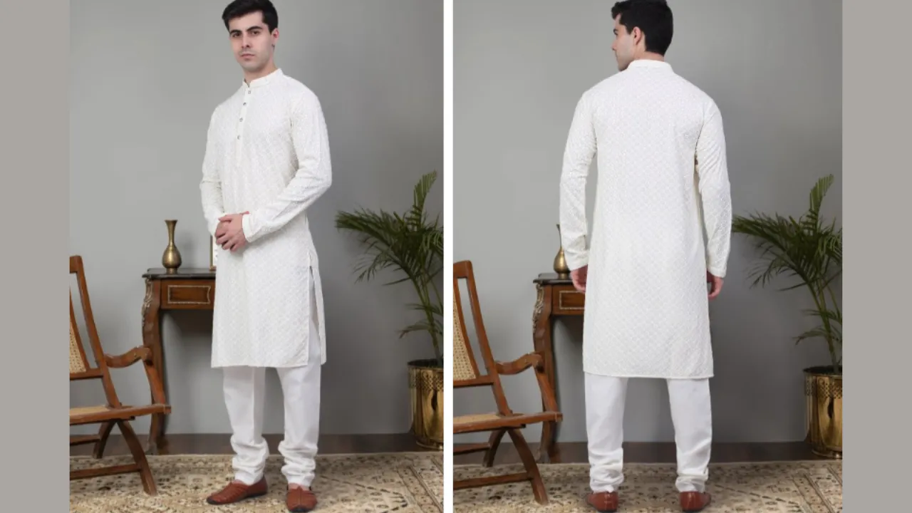 Jompers Ethnic Motifs Chikankari Embroidered Sequinned Pure Cotton Kurta With Churidar