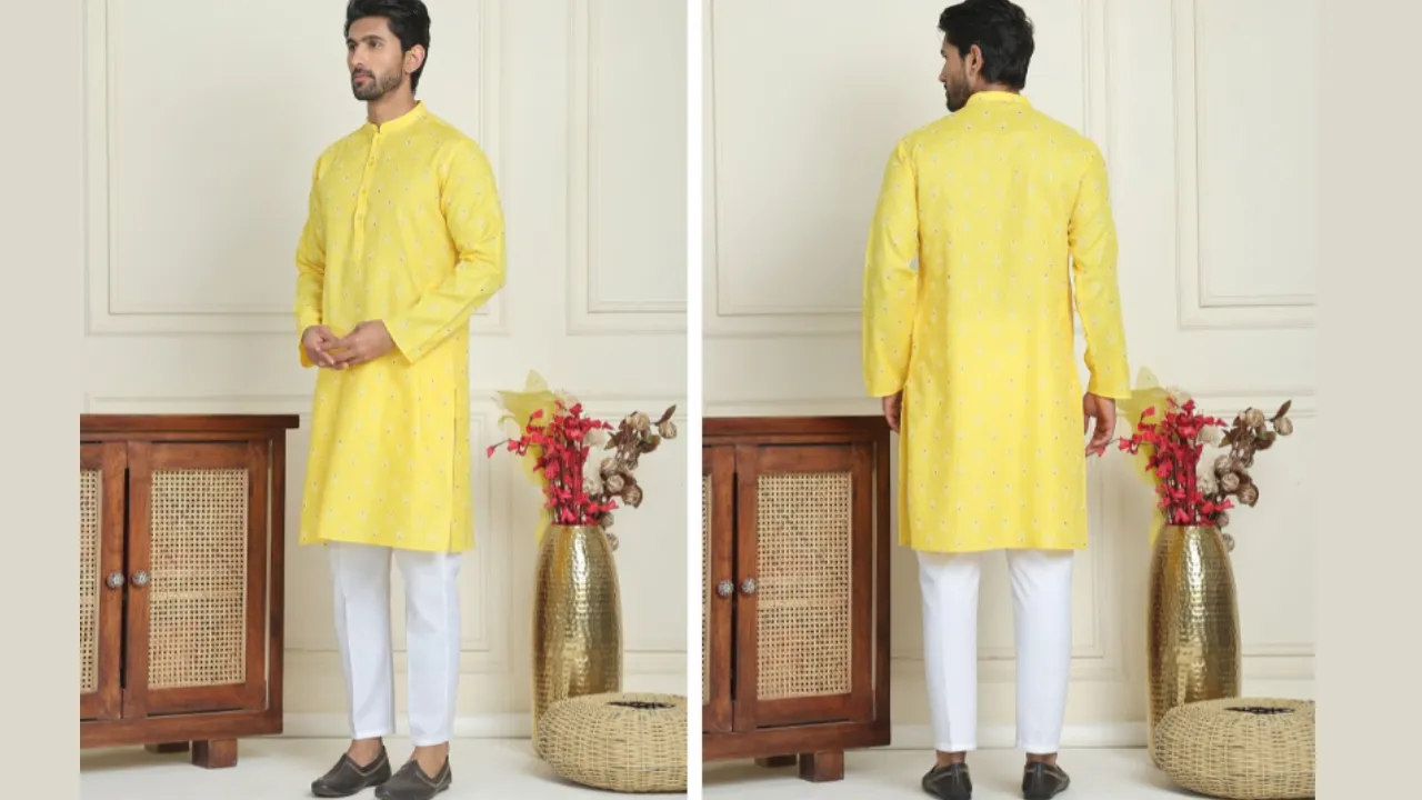 Anouk Lemon Ethnic Motifs Printed Mandarin Collar Straight Kurta With Pyjamas