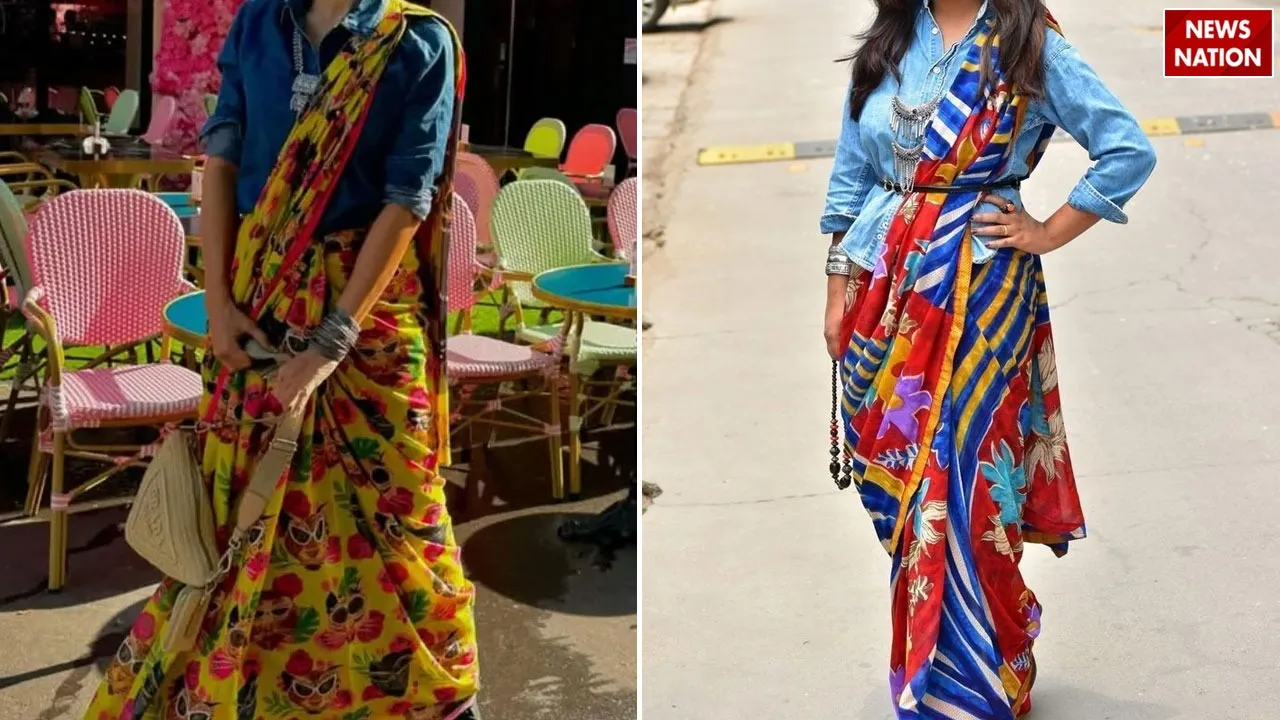 डेनिम शर्ट के साथ साड़ी