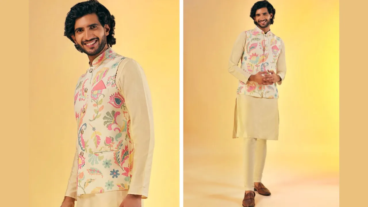 KISAH Men Printed Zari Regular Fit Nehru Jacket