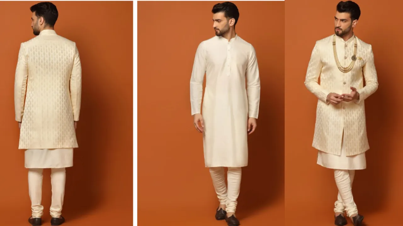 KISAH Men Self-Design Mandarin Collar Indowestern Sherwani Set