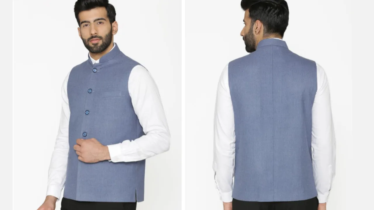 Wintage Men Blue Woven Design Nehru Jacket