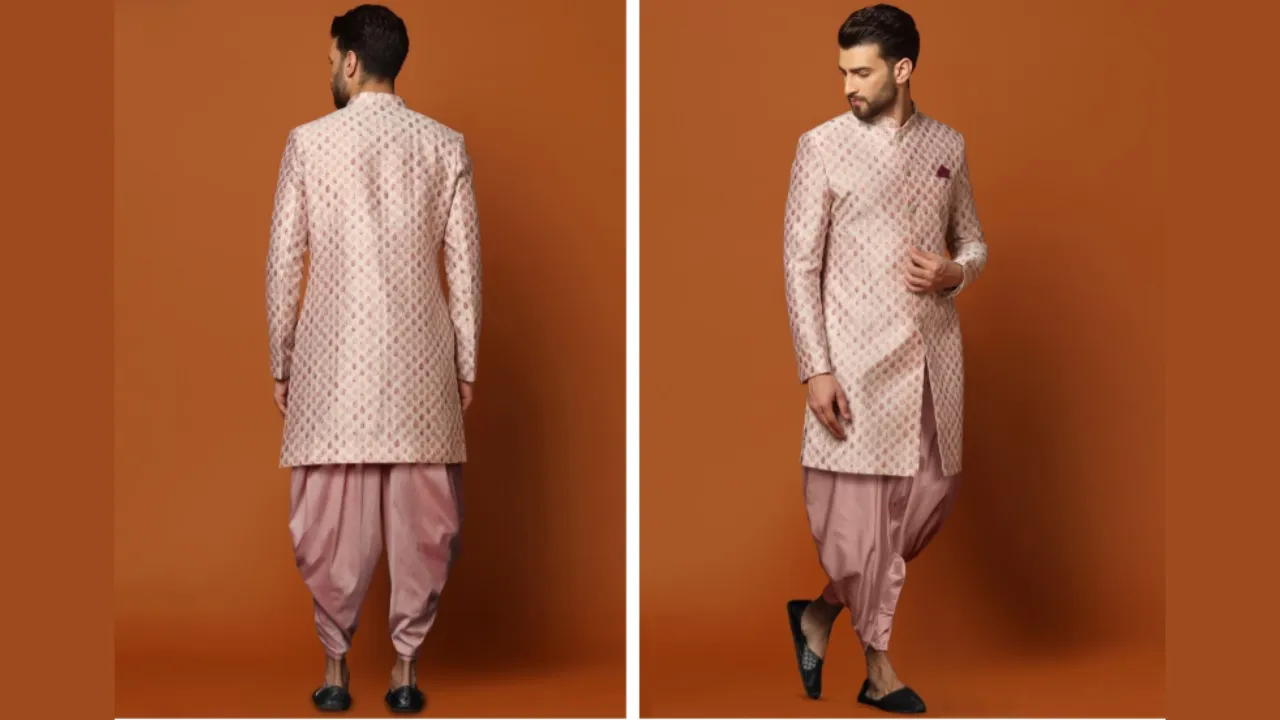 KISAH Woven-Design Cotton Sherwani Dhoti Set