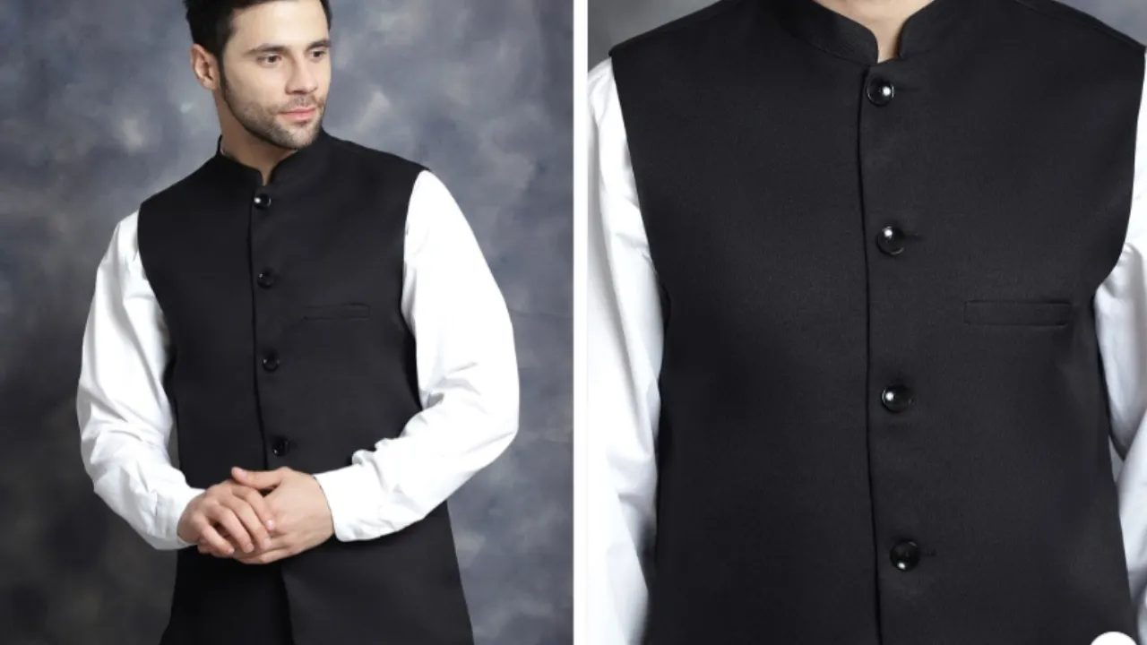  Anouk Black Mandarin Collar Woven Nehru Jacket 