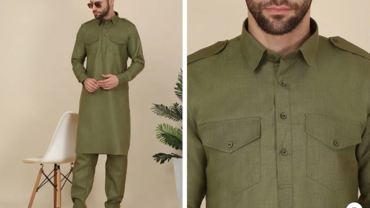  KRAFT INDIA Shirt Collar Cuffed Sleeves Pure Cotton Pathani Kurta With Salwar 