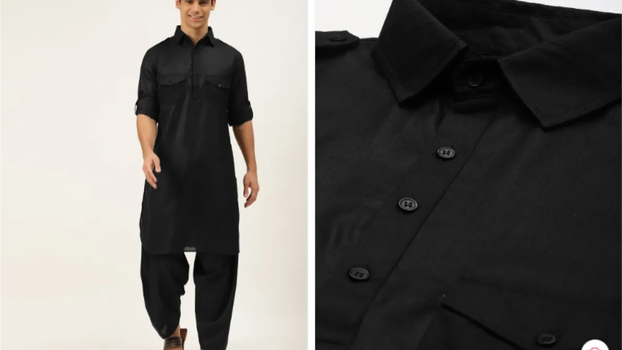 Molly & Michel Men Black Solid Pure Cotton Pathani Kurta with Salwar