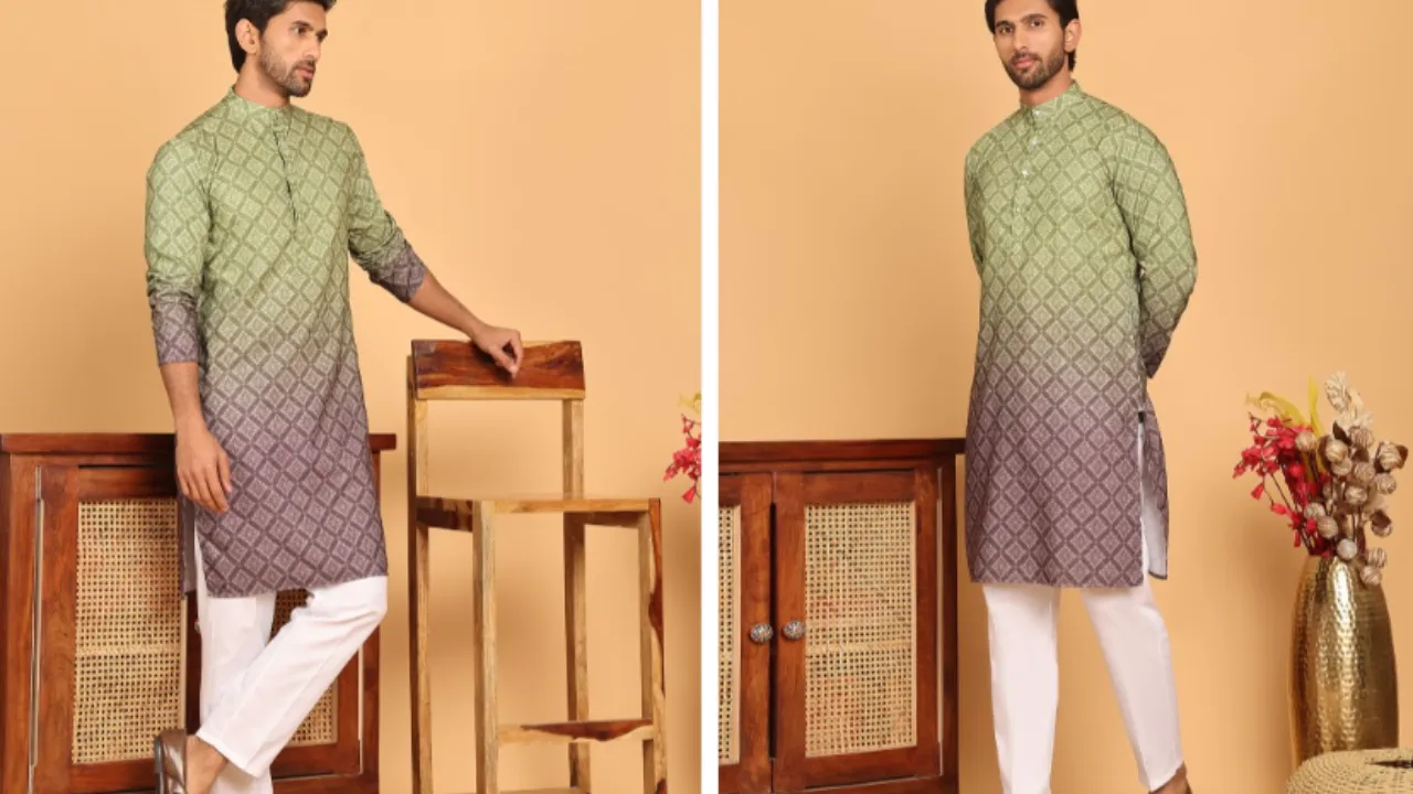 Jompers Ombre Printed Mandarin Collar Straight Kurta With Pyjamas