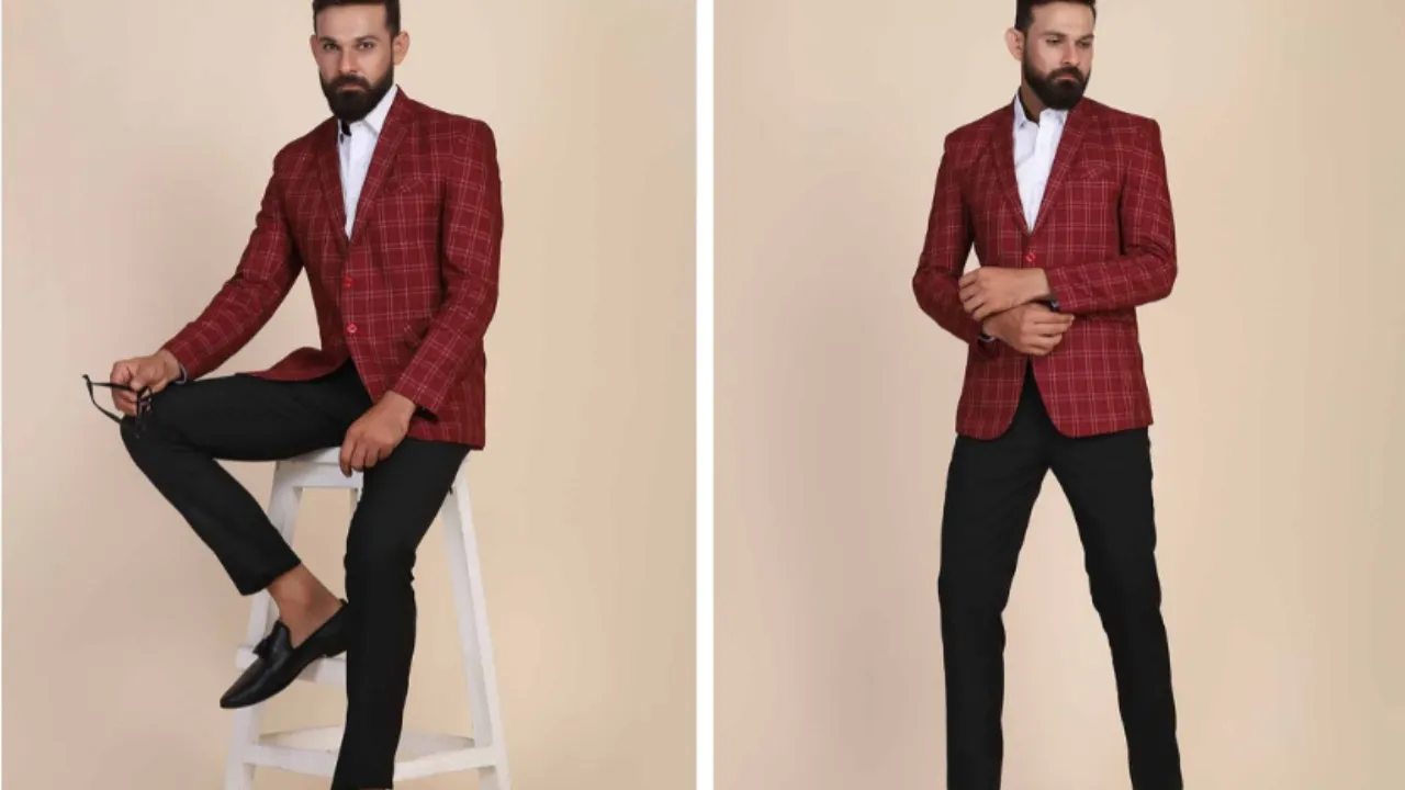 TAHVO Men Maroon Checked 2-Piece Single Breasted Suit