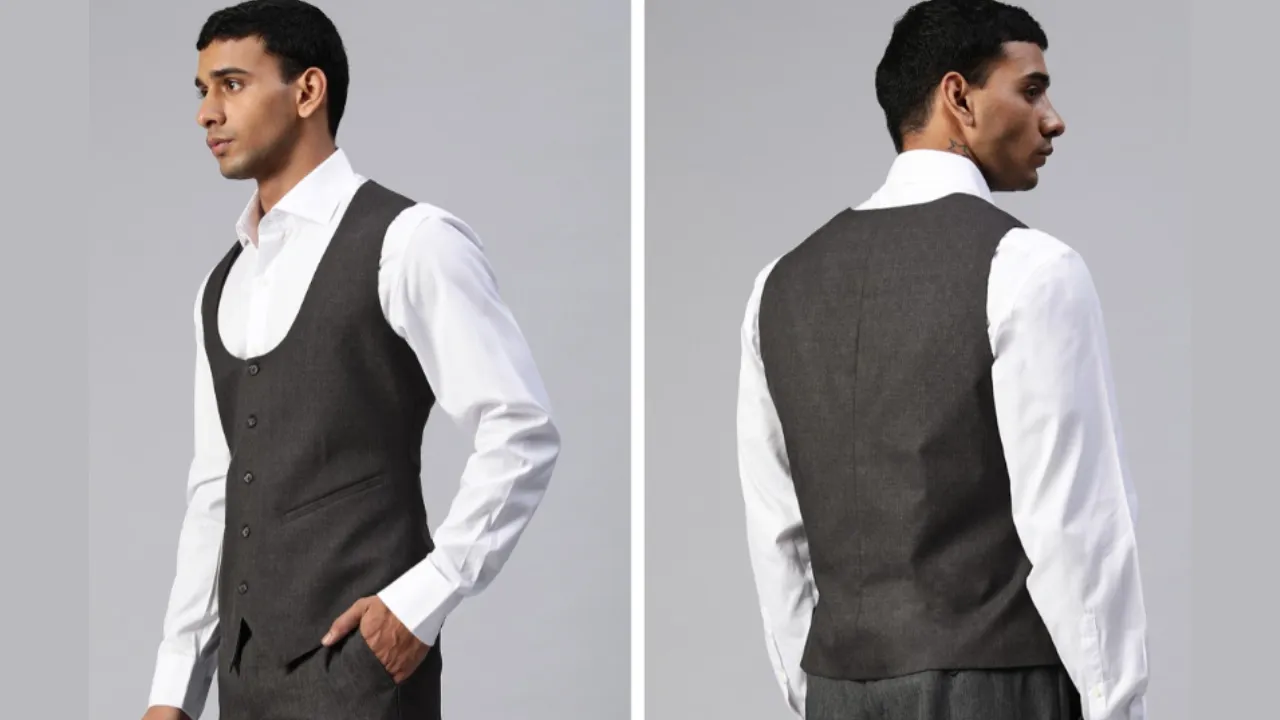 ManQ Men Charcoal Grey Self Checked Slim Fit Formal Waistcoat