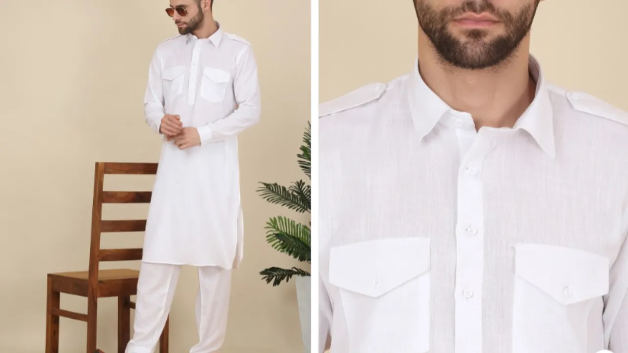 KRAFT INDIA Shirt Collar Cuffed Sleeves Pure Cotton Pathani Kurta With Salwar