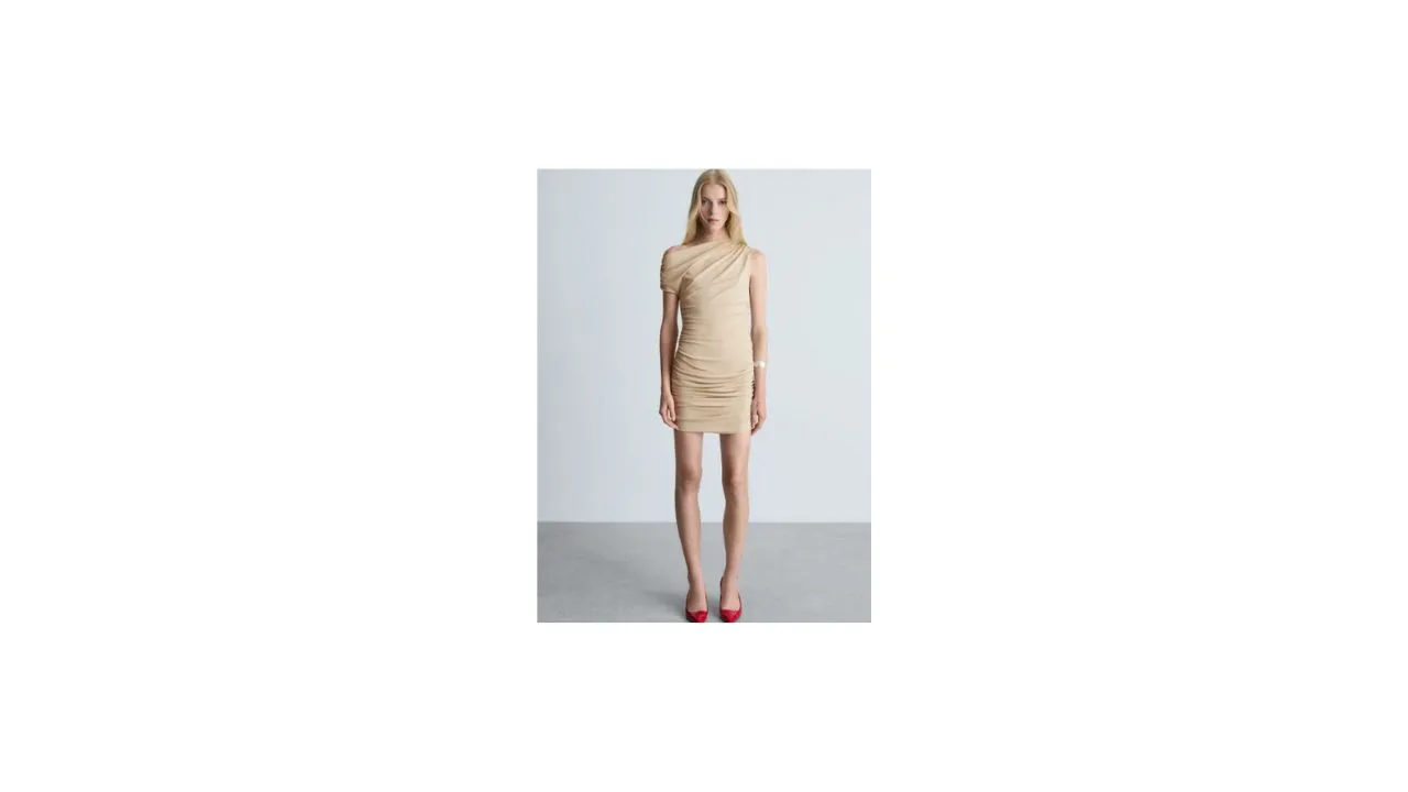 MANGO Ruched Asymmetric Sheath Mini Dress