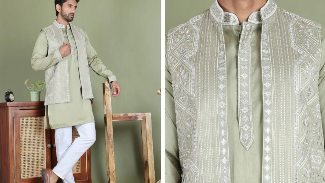Jompers Chikankari Embroidered Straight Kurta With Pyjamas And Nehru Jacket