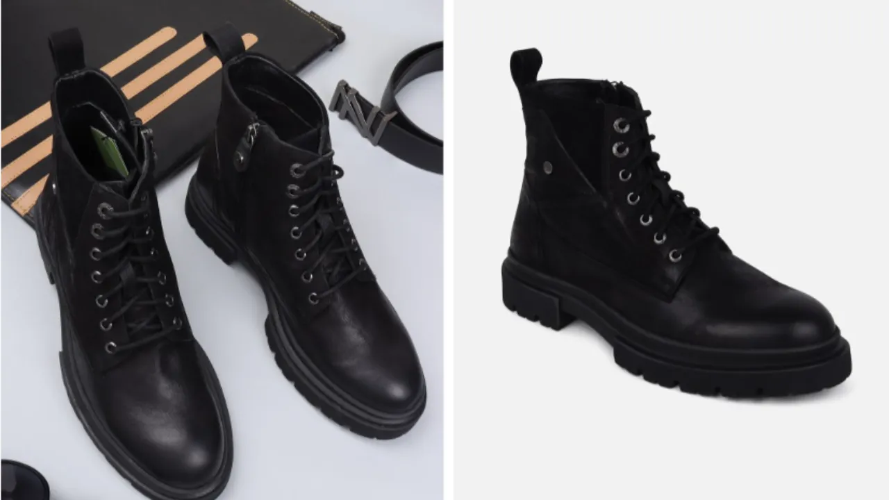 Ezok Men Black Lace-up Leather Boots