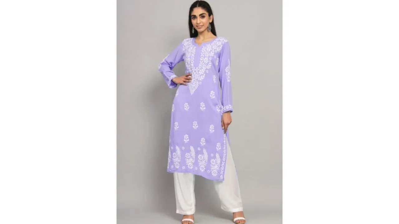 Lucknowi Chikankari Notch Neck Straight Kurta