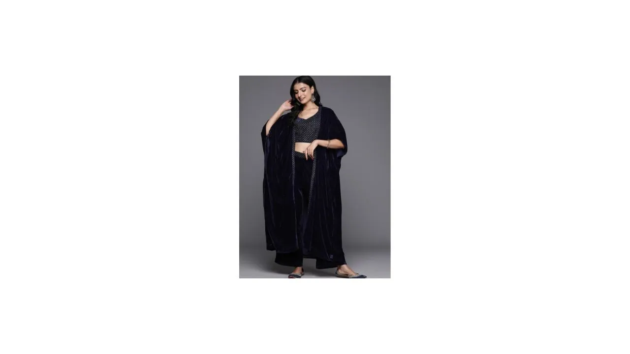 Libas Women Embroidered Velvet Crop Top with Palazzo and Shrug
