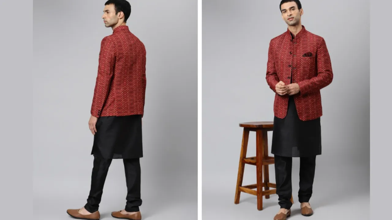 Hangup Men Black & Red Regular Dupion Silk Kurta With Pyjamas & Blazer
