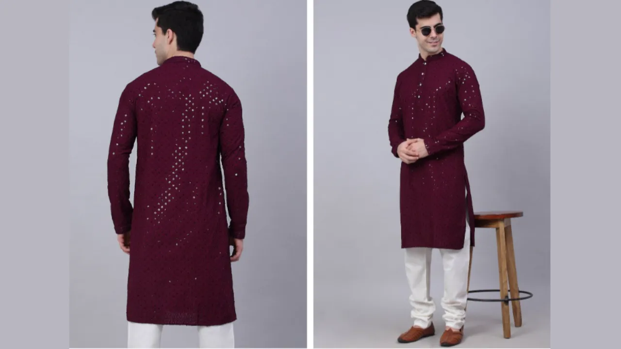 Jompers Men Ethnic Motifs Mirror Work Cotton Kurta