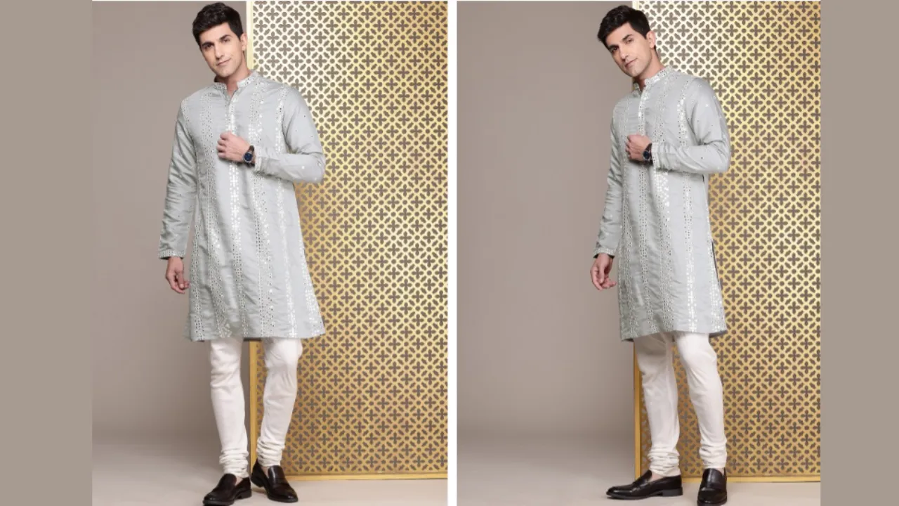 House of Pataudi Geometric Embroidered Mandarin Collar Mirror Work Jashn Kurta