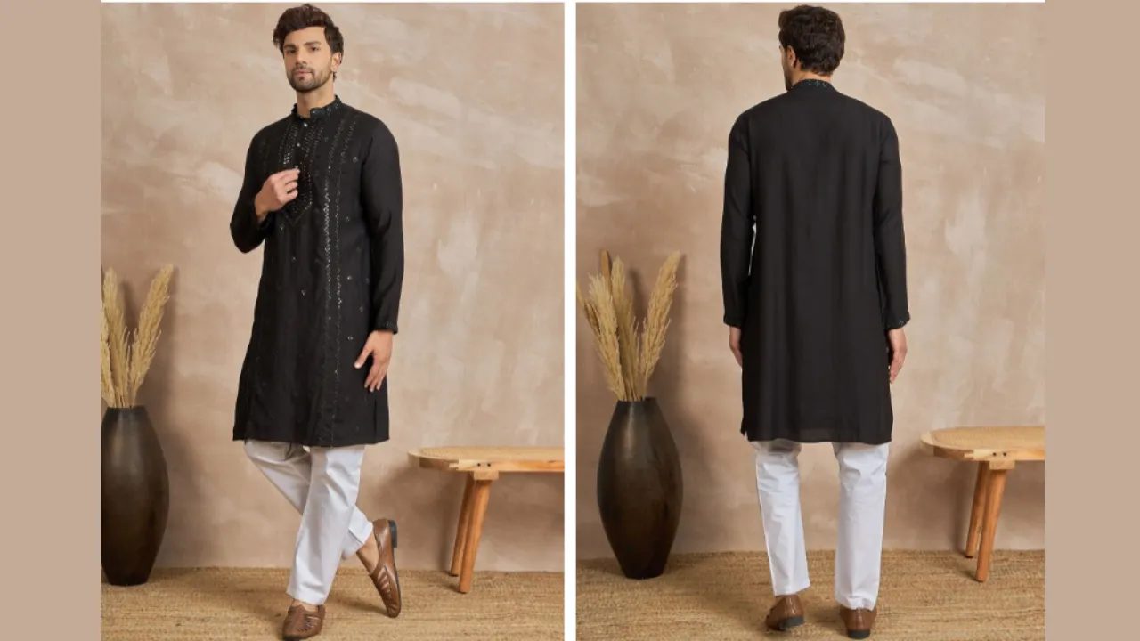 Anouk Floral Embroidered Mandarin Collar Mirror Work Straight Kurta