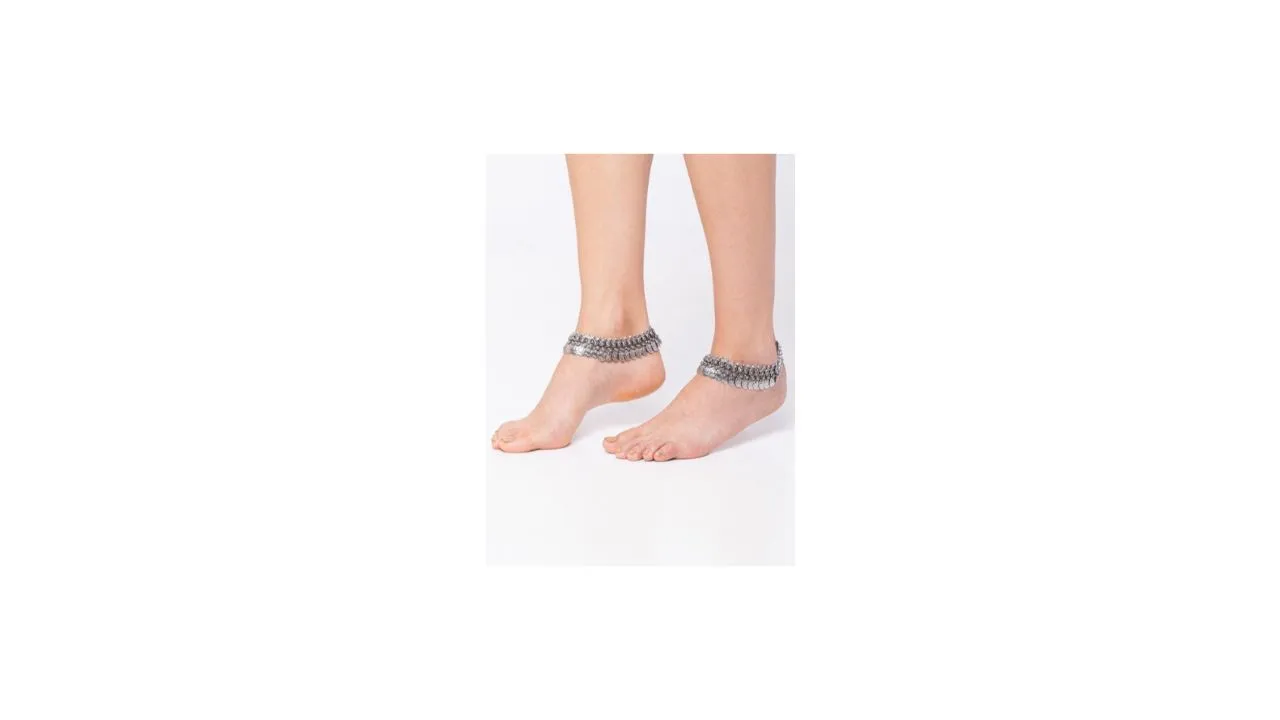 Digital Dress Room Set of 2 Oxidised German Silver Coin Design Anklets With Silver-Plating