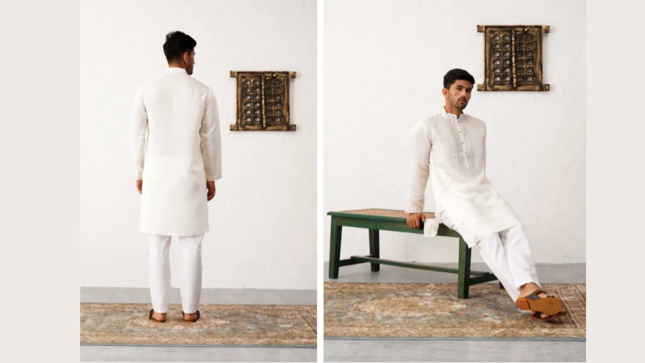 Jompers Embroidered Mandarin Collar Mirror Work Straight Kurta with Pyjamas
