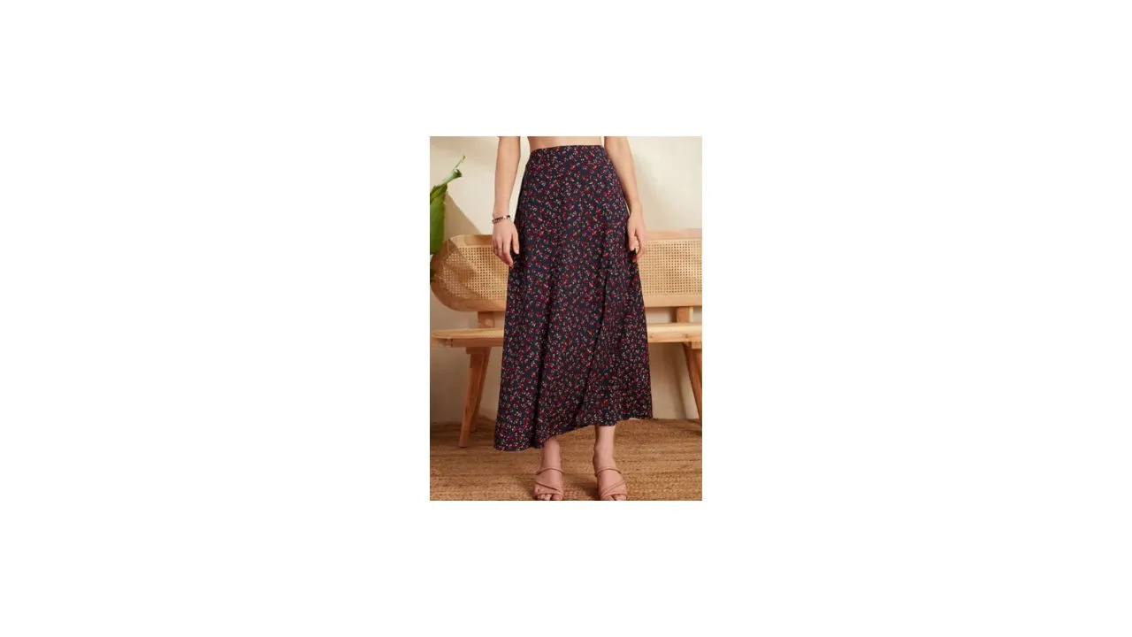 Berrylush Navy Blue & Red Printed Flared A-Line Skirt