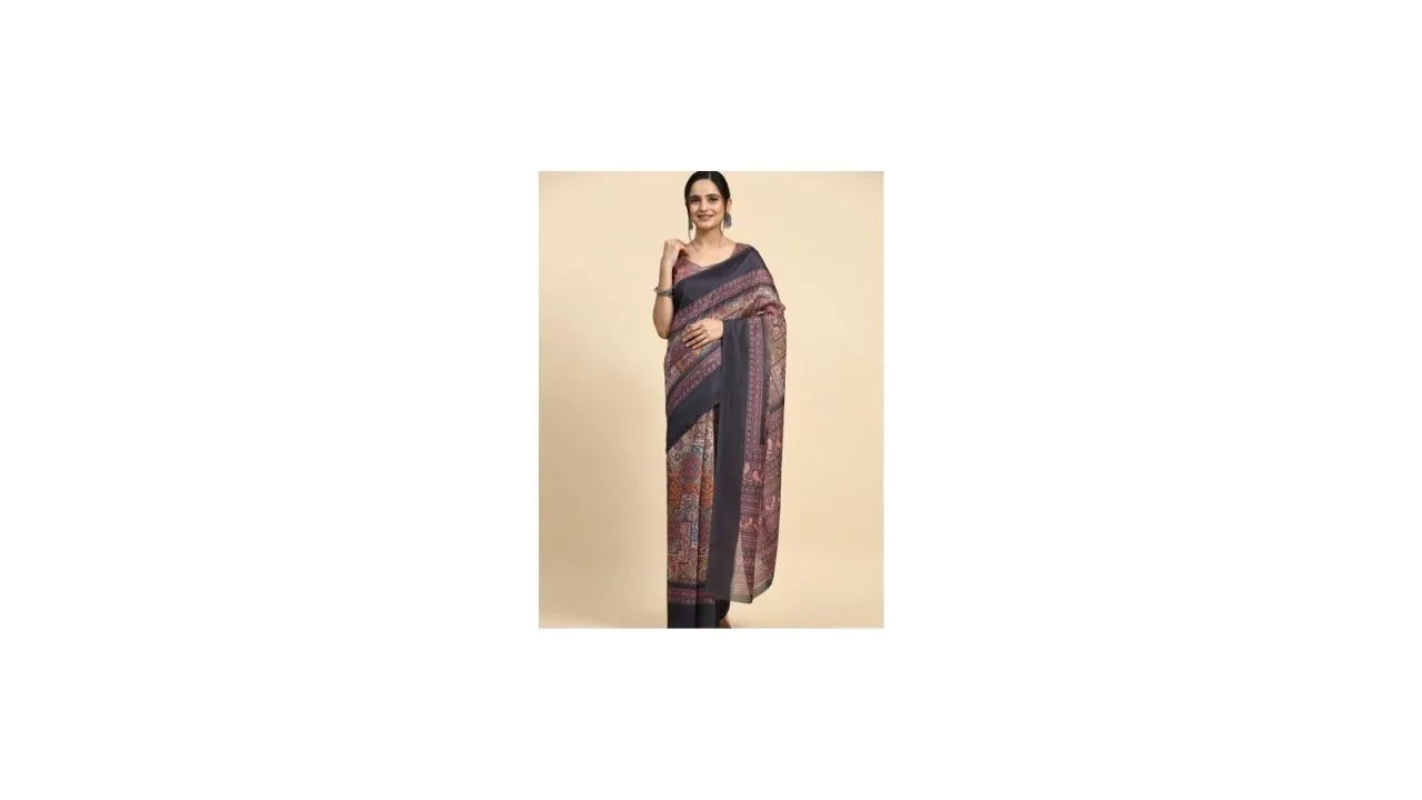 RACHNA Printed Jute Cotton Kalamkari Saree