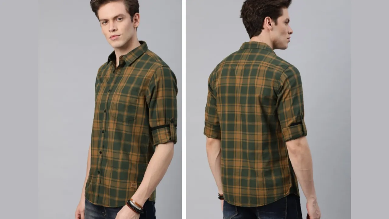 Roadster Men Olive Green & Mustard Yellow Checked Pure Cotton Casual Shirt