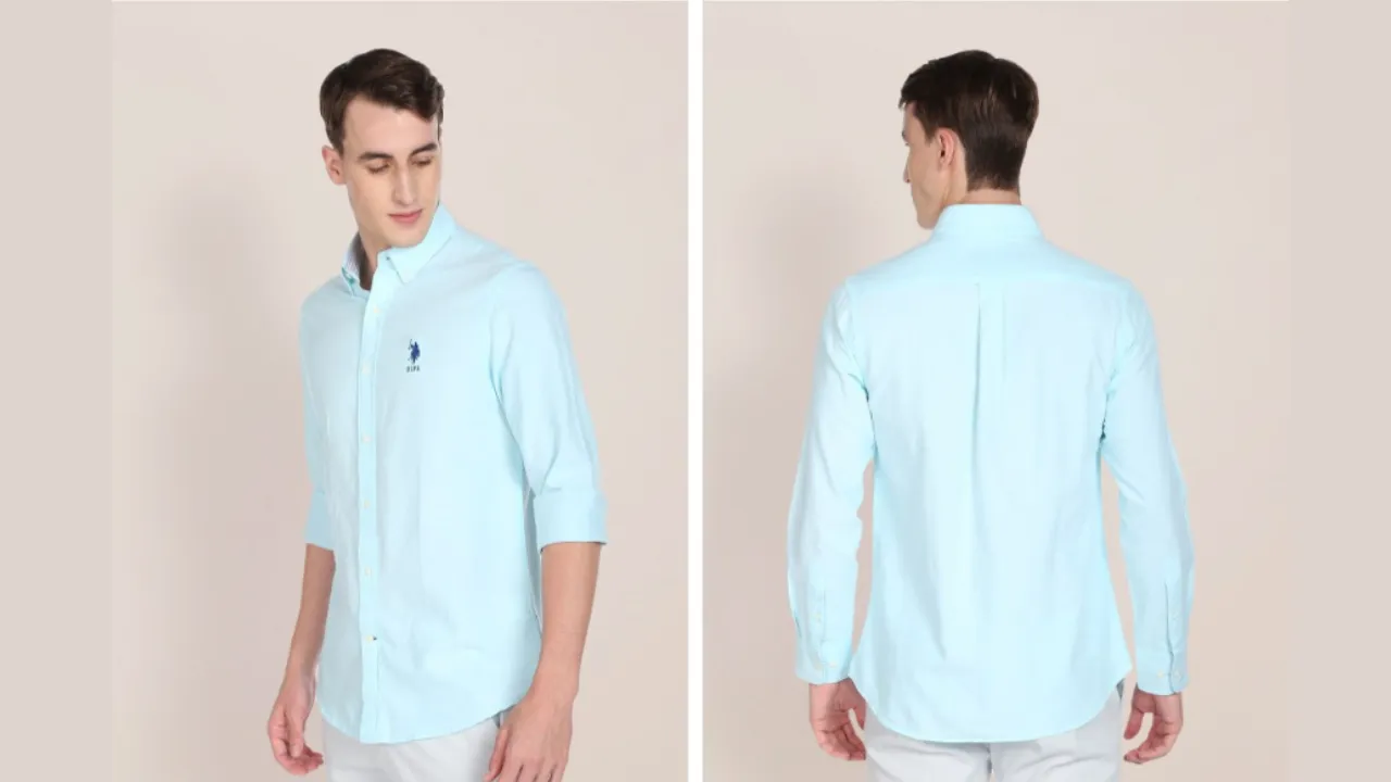  U S Polo Assn Men Light Blue Embroidered Tailored Fit Pure Cotton Casual Shirt 