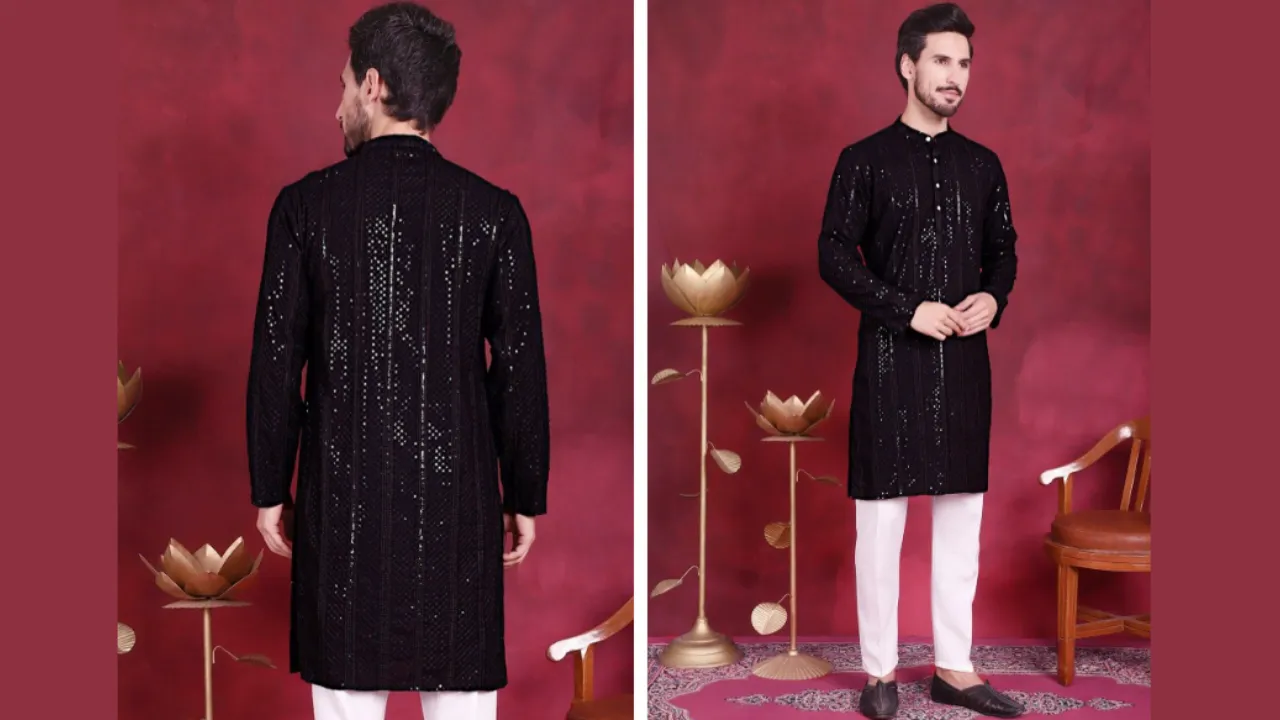 Jompers Geometric Embroidered Mandarin Collar Chikankari Kurta