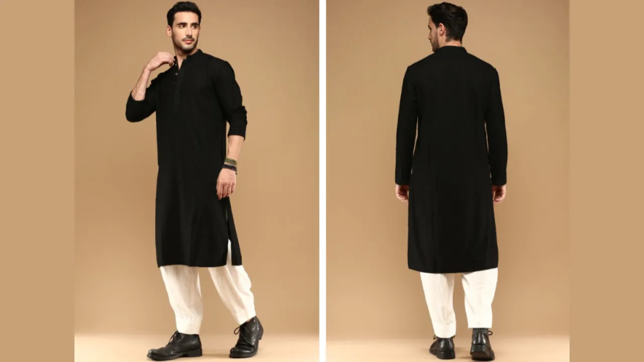 Sangria Black Ethnic Motifs Embroidered Mandarin Collar Chikankari Cotton Straight Kurta
