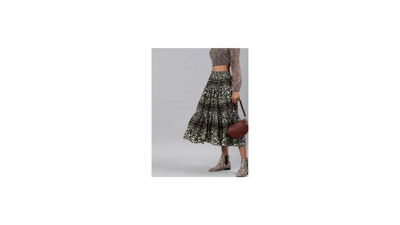 Sera Black & Beige Leopard Print Tiered Midi Skirt