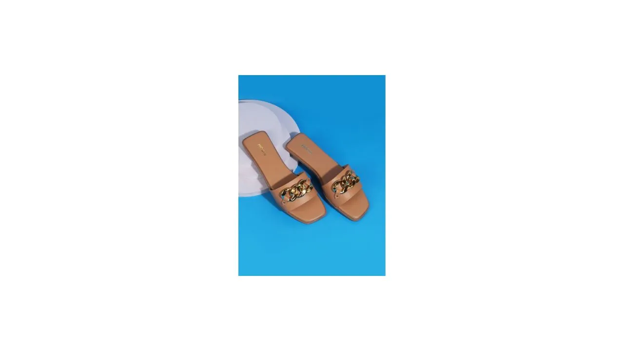 Mochi Women Beige Embellished Open Toe Flats