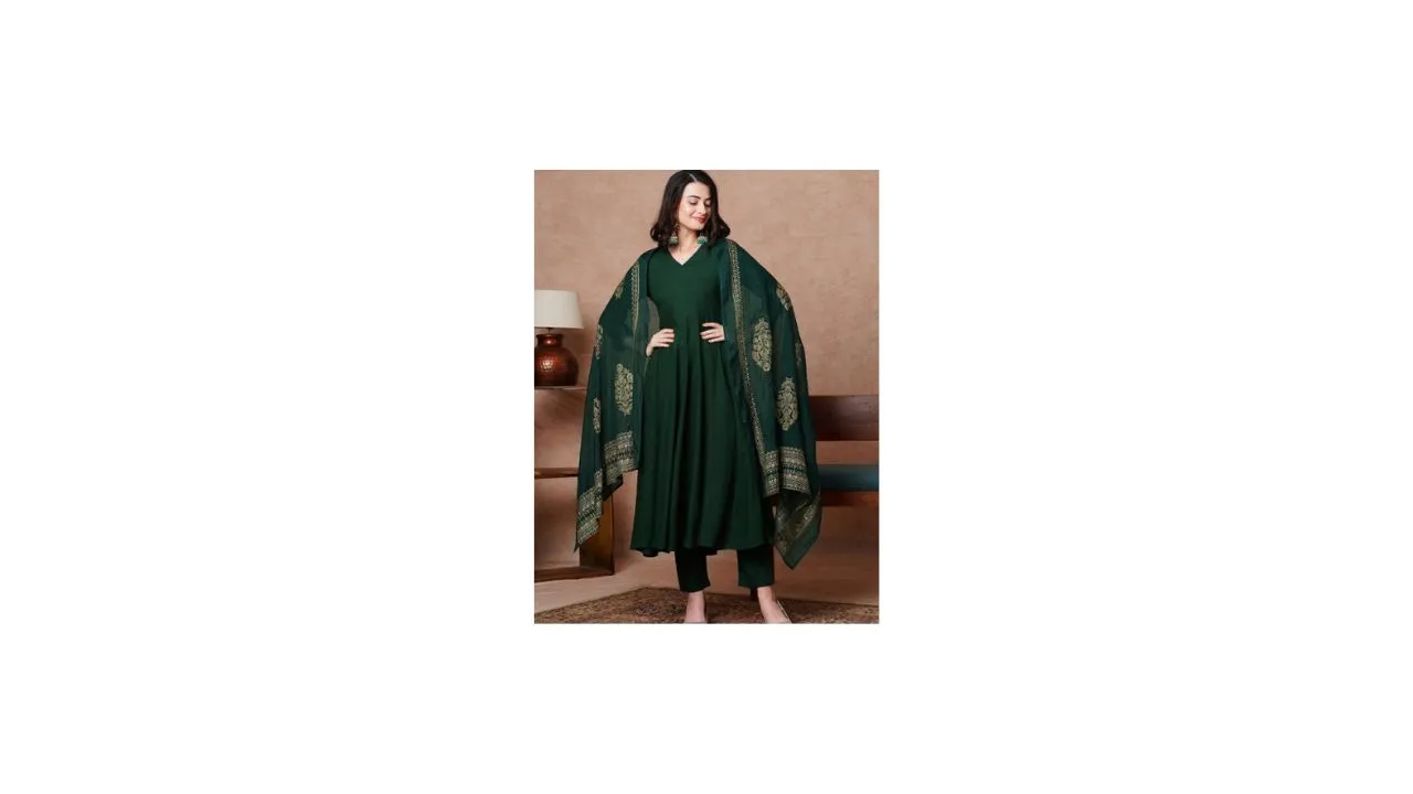 GoSriKi V-Neck Anarkali Kurta with Trousers & Dupatta