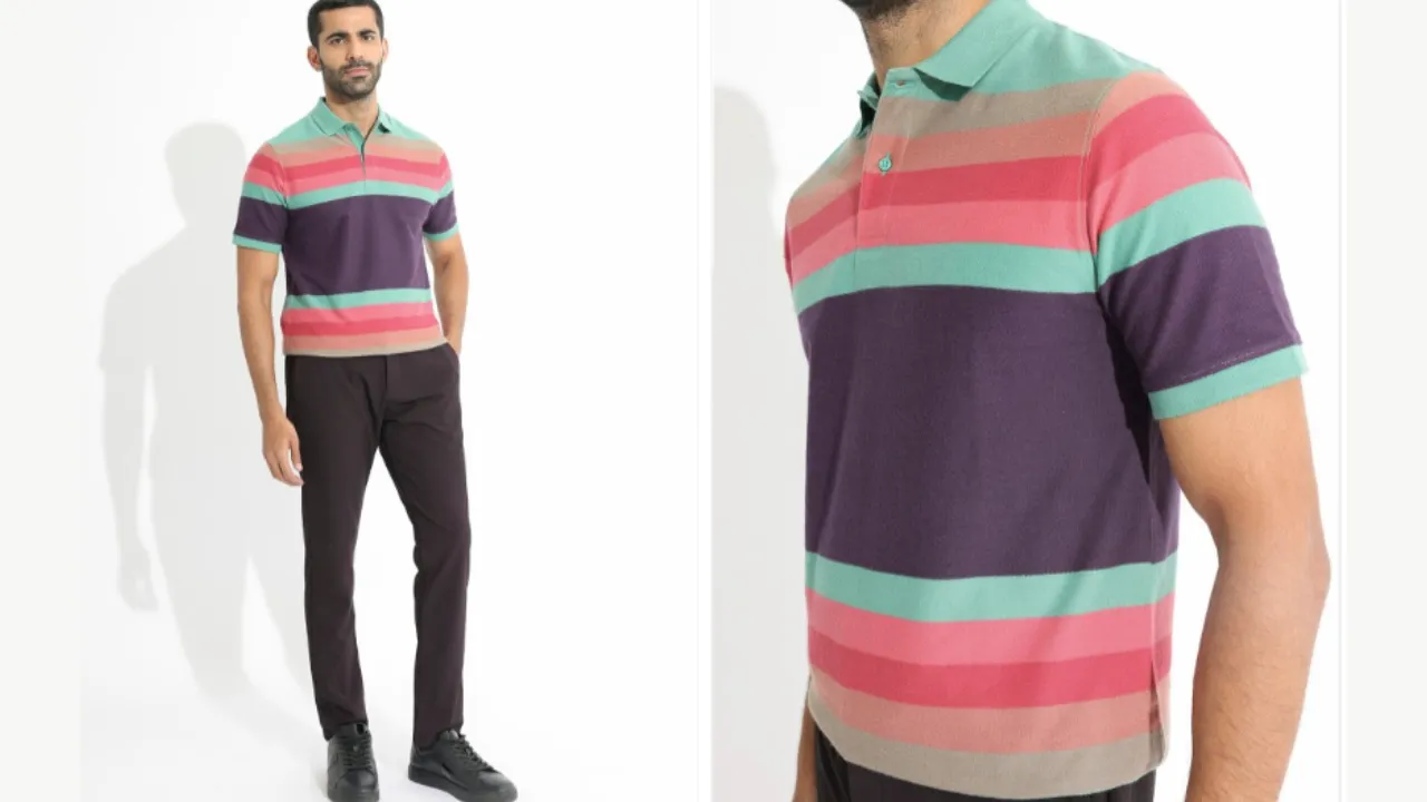 RARE RABBIT Men Glasglow Striped Polo Collar Slim Fit Cotton T-Shirt