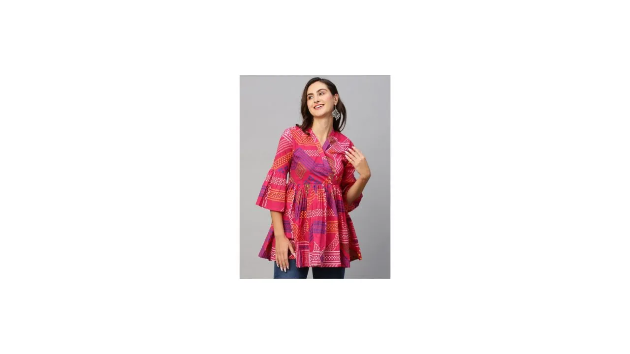 Sangria Bandhani Printed Pure Cotton Angrakha Anarkali Kurti