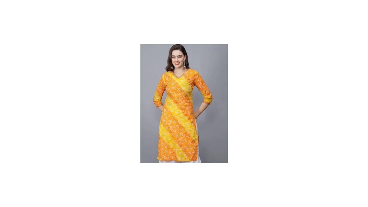 ETRAANA Bandhani Printed V-Neck Pure Cotton Kurti