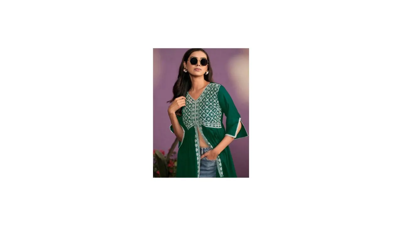 Sangria Chikankari Embroidered V-Neck Kurtis